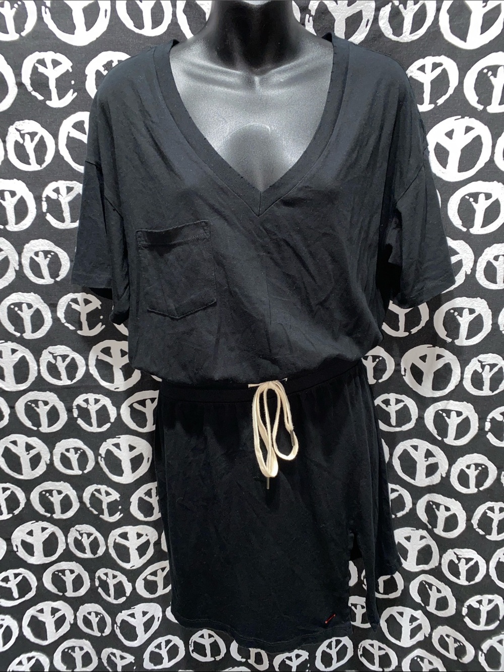 PHILANTHROPY  Black V-Neck Dress  Contrast Drawstring SZ M
